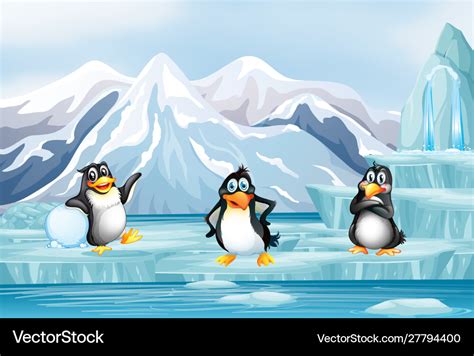 Scene With Three Penguins On Ice Royalty Free Vector Image