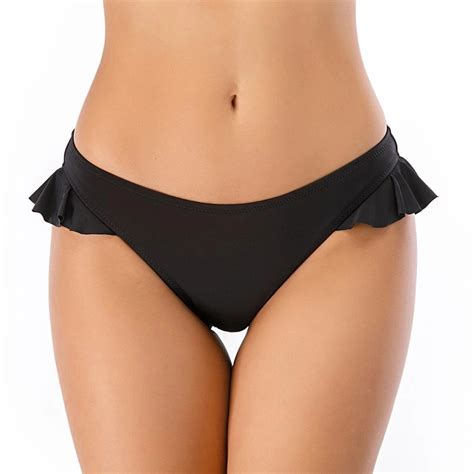 Feminino Vintage Ruffled Cintura Baixa Preto Bikini Bottom Sexy Ruched