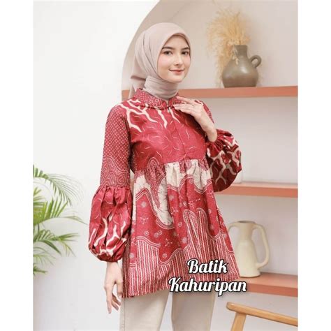 Jual Batik Wanita Lengan Balon Baju Batik Wanita Modern Motif Akar