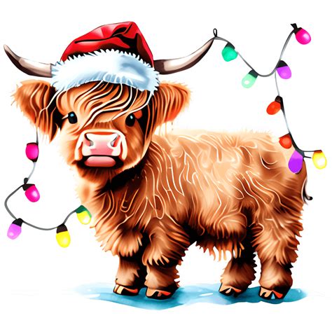 Adorable Christmas Highland Cow With Lights And Santa Hat Creative