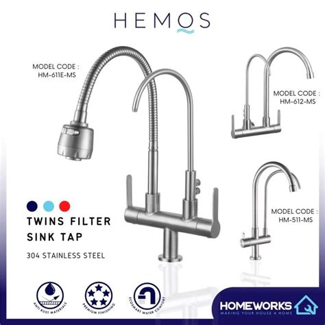 Hemos Kitchen Faucet Sus Stainless Steel Twins Wall Pillar Filter