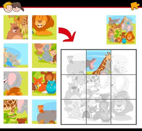 Juego de rompecabezas para niños con animales Vector Premium