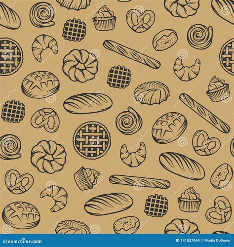 Bakery Vector Seamless Pattern With Engraved Elements Background Design With Bread Pastry Pie