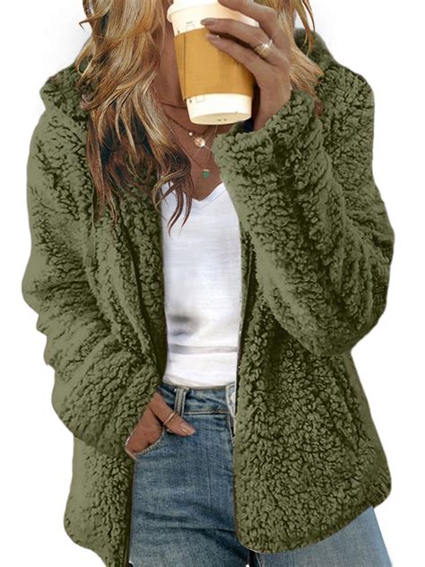 Women Fleece Fuzzy Zipper Jacket Casual Long Sleeve Plush Fluffy