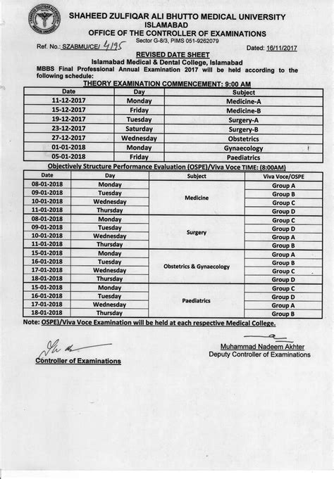 Date Sheet Mbbs Final Professional Annual Examination Shaheed