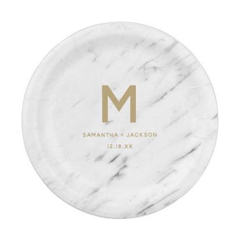 Elegant White Marble And Gold Foil Wedding Monogram Paper Plate Gold