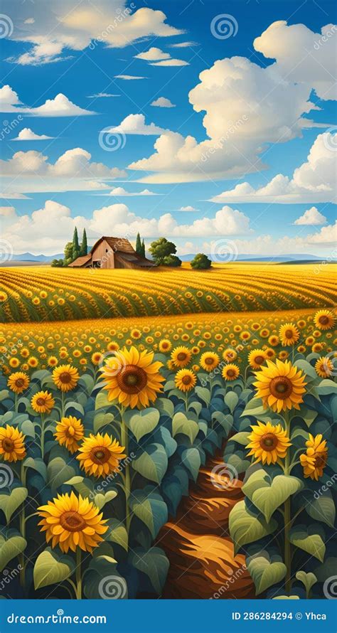 Sunflower Field With Blue Sky And Fluffy Clouds Stock Illustration