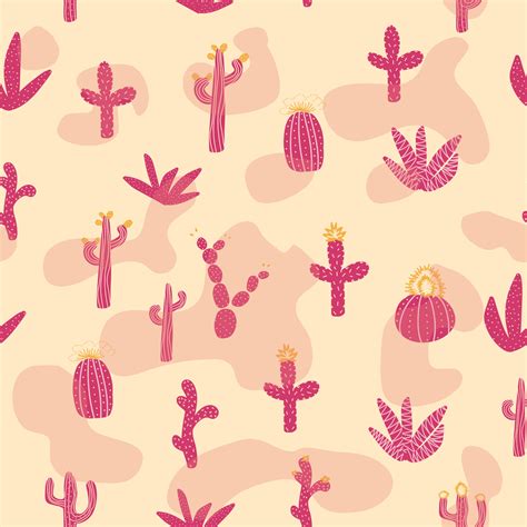 Seamless Patterns With Different Cacti Bright Repeating Texture With