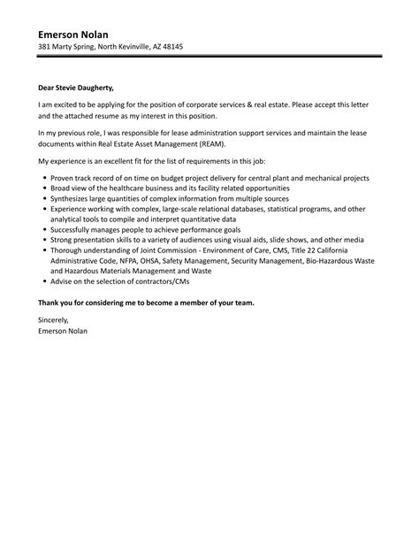 Corporate Services And Real Estate Cover Letter Velvet Jobs