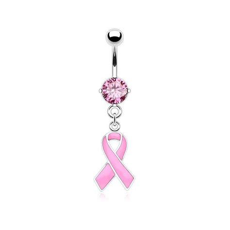 Dangle Awareness Ribbon With Prong Set Cz Surgical Steel Belly Bar