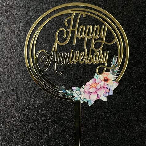 Floral Happy Anniversary Acrylic Cake Topper Gold Cake Toppers From