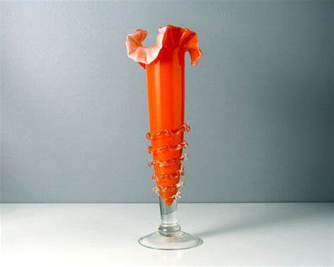 Vintage Art Glass Vase Ruffle Top Bright Orange Red Murano Kitsch Retro Hand Blown White