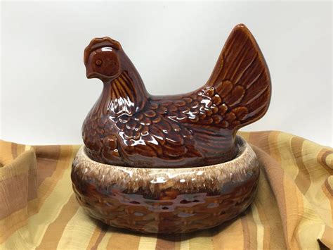 Hull Brown Drip Glazed Bake Serve Chicken Hen On Nest Basket Etsy