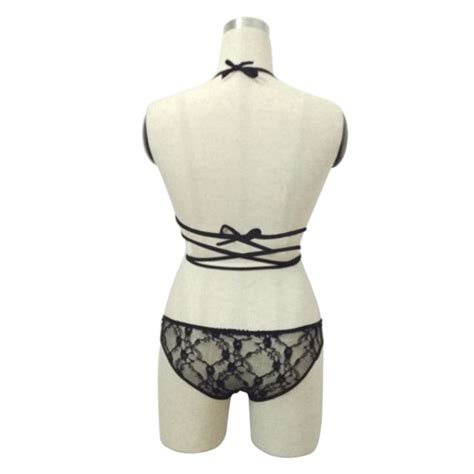 Summer Sexy Black Bandage Women Underwear Set Transparent Lace Bra Sleepwear Lingerie Set