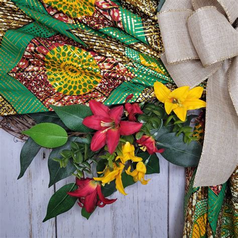 Black Heritage Wreath Green And Gold Kente Scarf Wreath Black Etsy