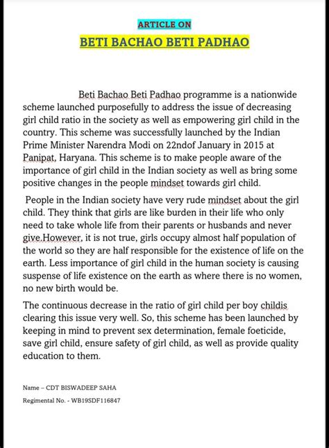 Article On Beti Bachao Beti Padhao India Ncc