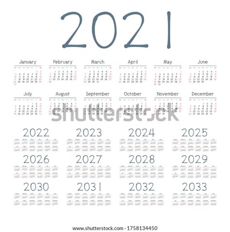 English Calendar Years 20212033 Week Starts Stock Vector Royalty Free