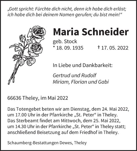 Traueranzeigen Von Maria Schneider Saarbruecker Zeitung Trauer De