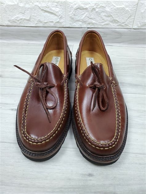 Orvis Leather Loafers Slip On Moccasin Shoes Vibram Gumlite Brown Size