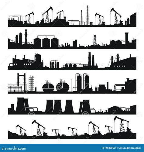 Industrial Factories Panorama Set Black Building Silhouette Stock