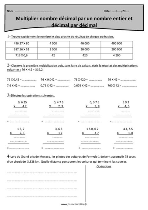 Multiplication de décimaux par des nombres entiers Cm2 Exercices