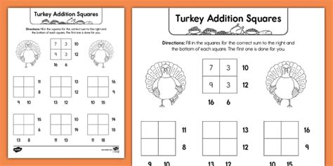 Second Grade Turkey Addition Squares Professor Feito