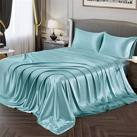 Vonty Satin Sheets Twin Silky Soft Satin Bed Sheets Aqua Satin Sheet Set 1 Deep