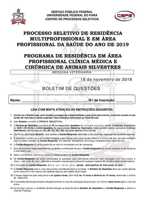 2019 Prova DE Programa Animais Silvestres SERVIÇO PÚBLICO FEDERAL