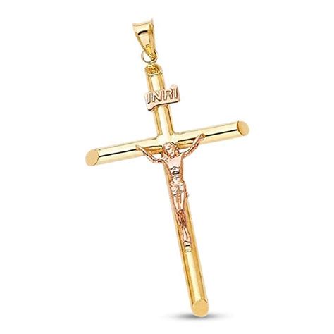 Big Jesus Cross Inri Charm K Solid Yellow Rose Gold Crucifix Tube