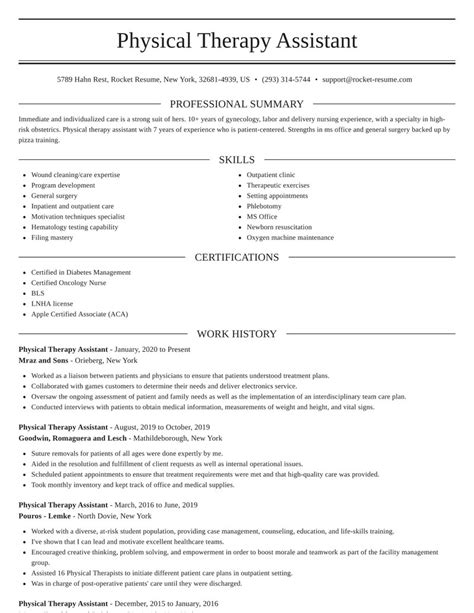 Resume Examples Outpatient Pta Physical Therapy Assistant S Rocket