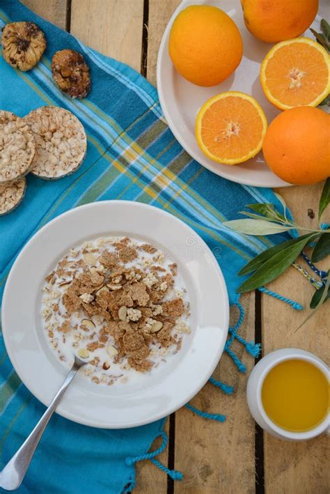 Healthy Breakfast Fruit Corn Flakes Milk And Orange Juice On The