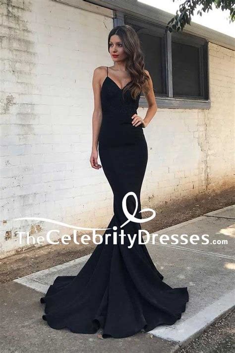 Sexy Black Mermaid Spaghetti Straps Sweep Train Prom Dress Evening Gown