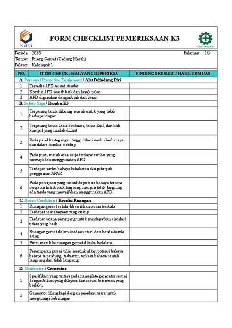 Detail Form Checklist Pemeriksaan Kendaraan Koleksi Nomer