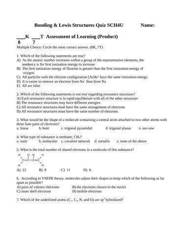 LEWIS STRUCTURES QUIZ Bonding Quiz Grade 12 Chemistry Quiz WITH ANSWERS #7 | Teaching Resources