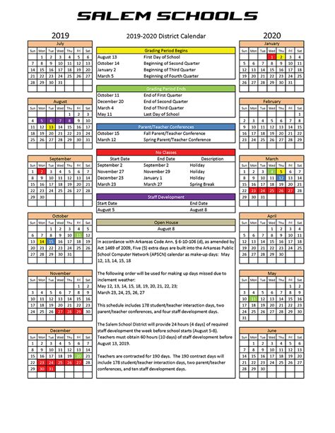 2019-2020 School Calendar - Salem School District