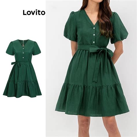 Lovito Women Casual Plain Button Front Belted Puff Sleeve Dress