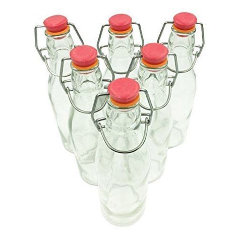 Set Of 6 Mini Glass Bottles 8 Oz With Attached Swing Top Stopper