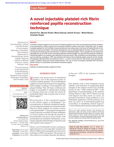 Pdf A Novel Injectable Platelet Rich Fibrin Reinforced Papilla