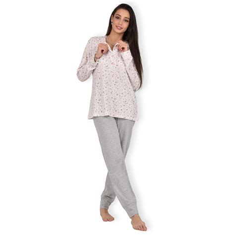 Pigiama Donna Cotone Infiore Pois Fiori Panna Grigio Melange