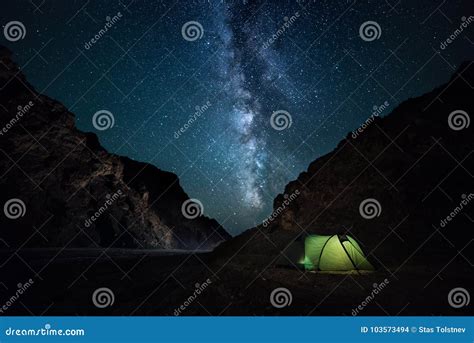 Night Rocky Ravine Starry Sky With Bright Milky Way A Little Camping