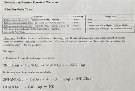 Solved Precipitation Reaction Equations Worksheet Solubility Chegg