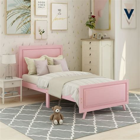 Pink Twin Bed Frame for Girls Kids, Pretty Platform Bed Frame with Headboard, Heavy Duty Wood ...