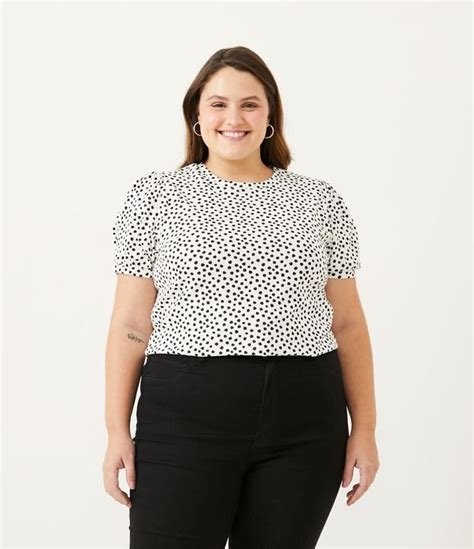 Blusa Em Malha Estampa Poa E Manga Bufante Curve Plus Size Branco