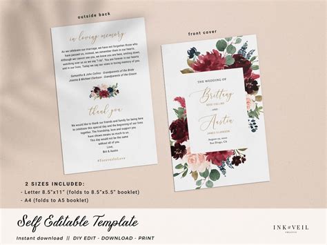 Aria Bi Fold Wedding Program Template Burgundy Blush Navy Etsy