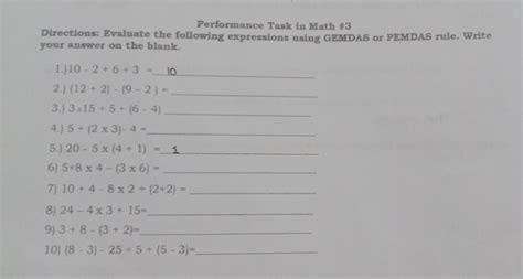 Directions Evaluate The Following Expressions Using Gemdas Of Pemdas