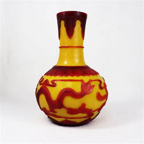 Vintage Chinese Yellow Peking Vase Red Phoenix And Dragon Overlay Baum Galleries