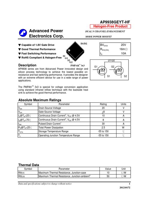 AP9938GEYT HF Advanced Power Electronics MOSFET Hoja De Datos Ficha