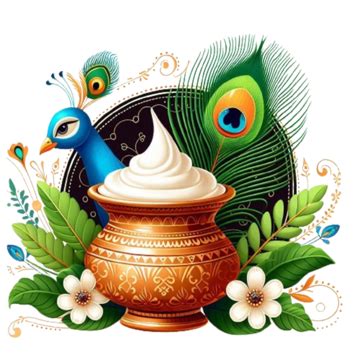 Illustration Of Curd Pot And Peacock Feather For Shri Krishna