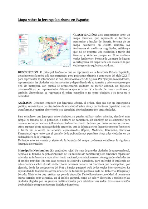 Mapa sobre la jerarquía urbana en España Mapa sobre la jerarquía