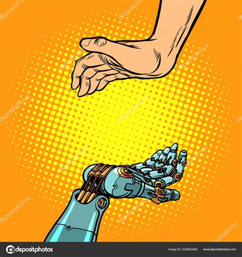 Human And Robot Hands Presentation Gesture Stock Vector Image By